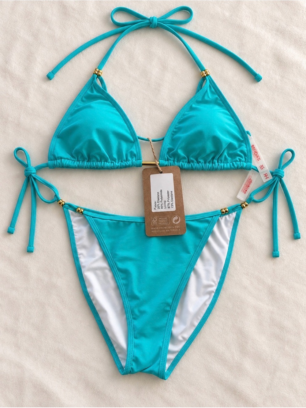 RIHOAS Turquoise & White Triangle Tie-Side Bikini Set Gold Accents Size XL NWT